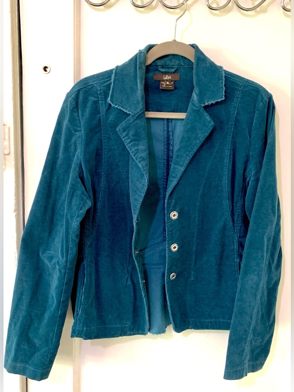 Luii Teal Fine-Wale Corduroy Raw Edge Snap Button Blazer Jacket